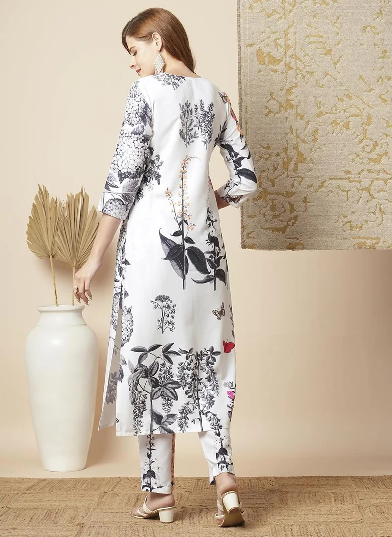 جو سريكي كورتا مستقيمة مطبوعة بمزيج رايون نسائي من GoSriKi مع بنطال (ساتيابرا أبيض-GS_XXL_White_XX-كبير)